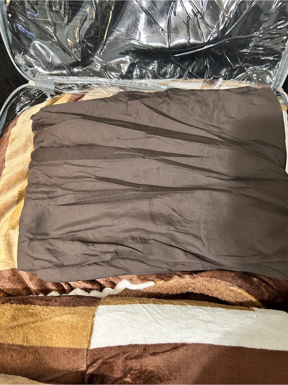 Flannel Borrego Blanket Set - Brown Plaid, 6pc
